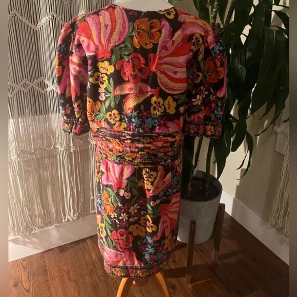 RARE Farm Rio Spring Banana Floral Mini Dress Pleated V-Neck Black XL - Picture 7 of 7